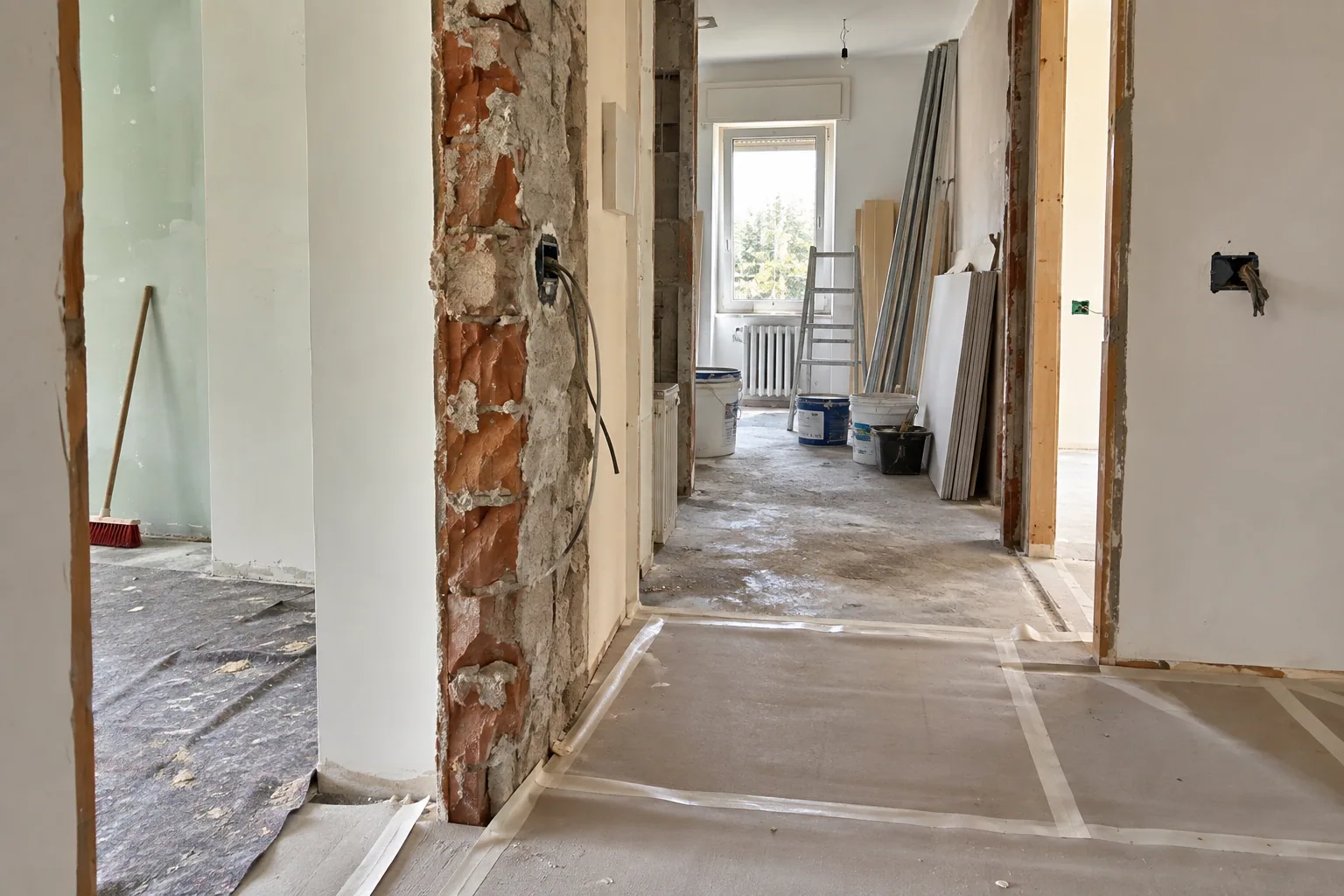 Lavori in corso in un appartamento, con materiali e attrezzi