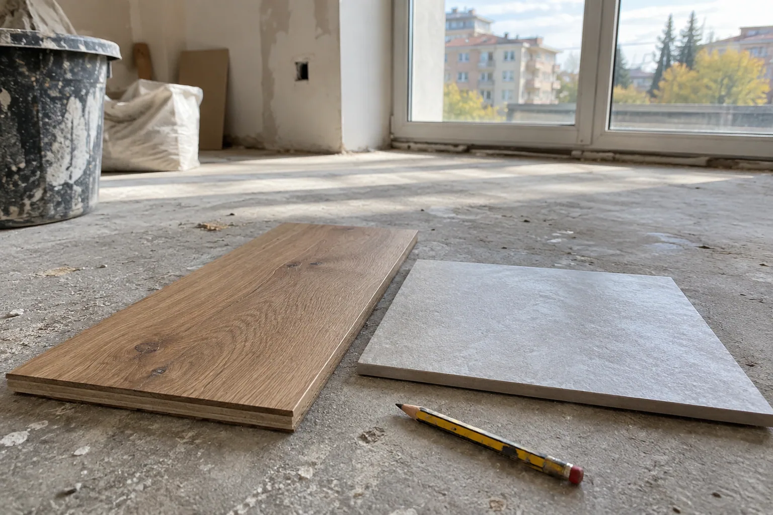 Campioni di gres e parquet confrontati in una casa