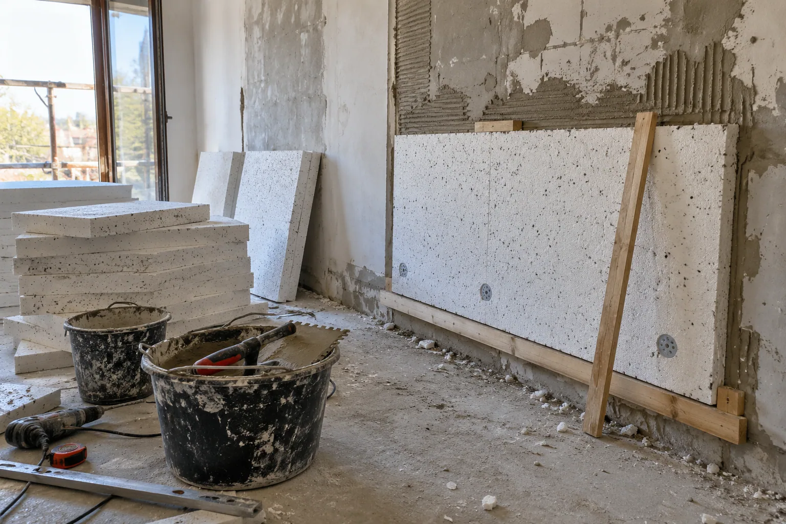 Materiali isolanti accanto a una parete in lavorazione