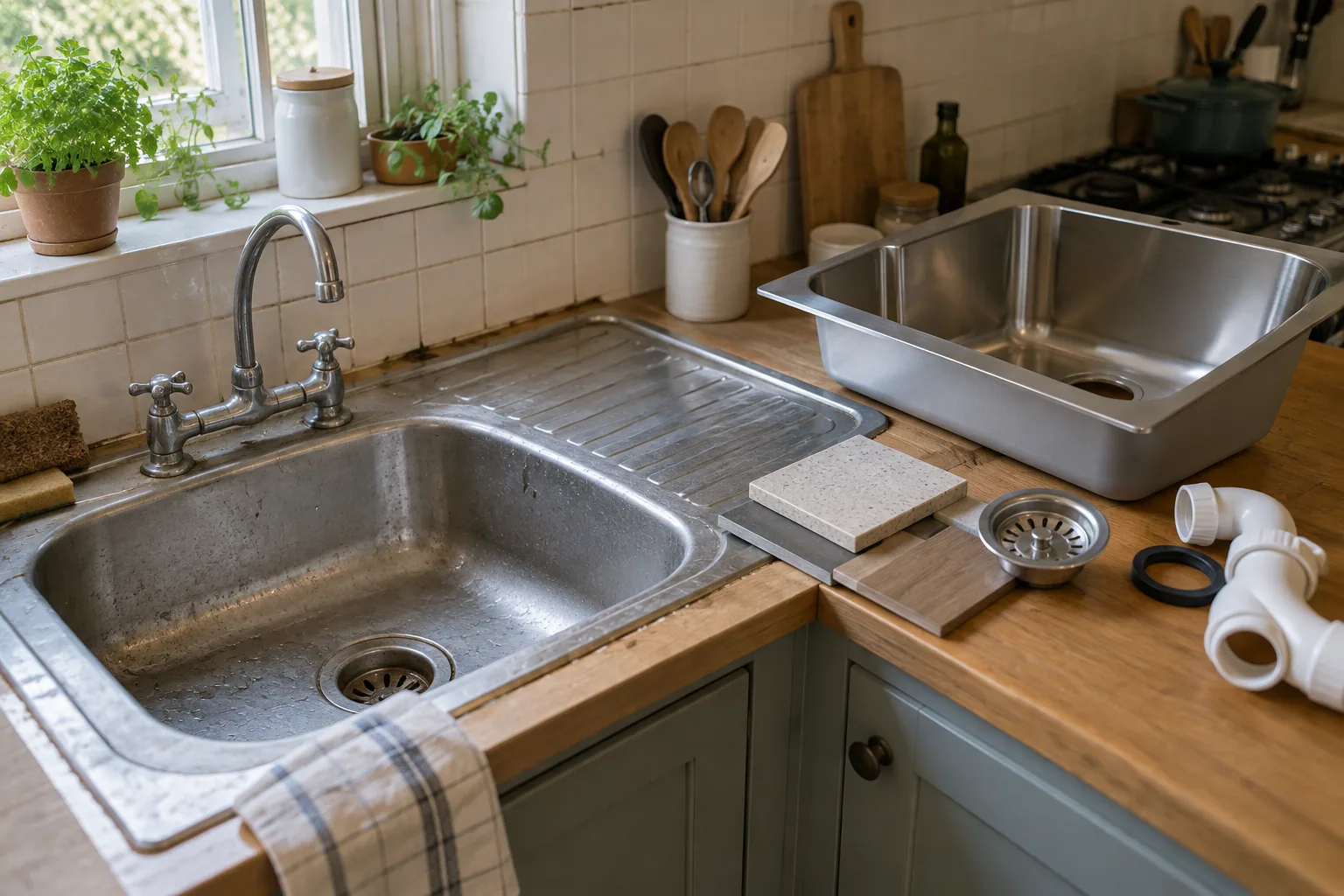 Lavello di una cucina e campioni di materiali sul piano