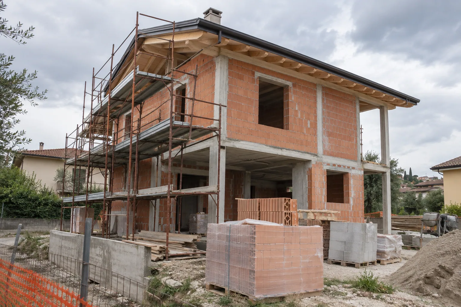 Casa in costruzione con laterizi e ponteggi