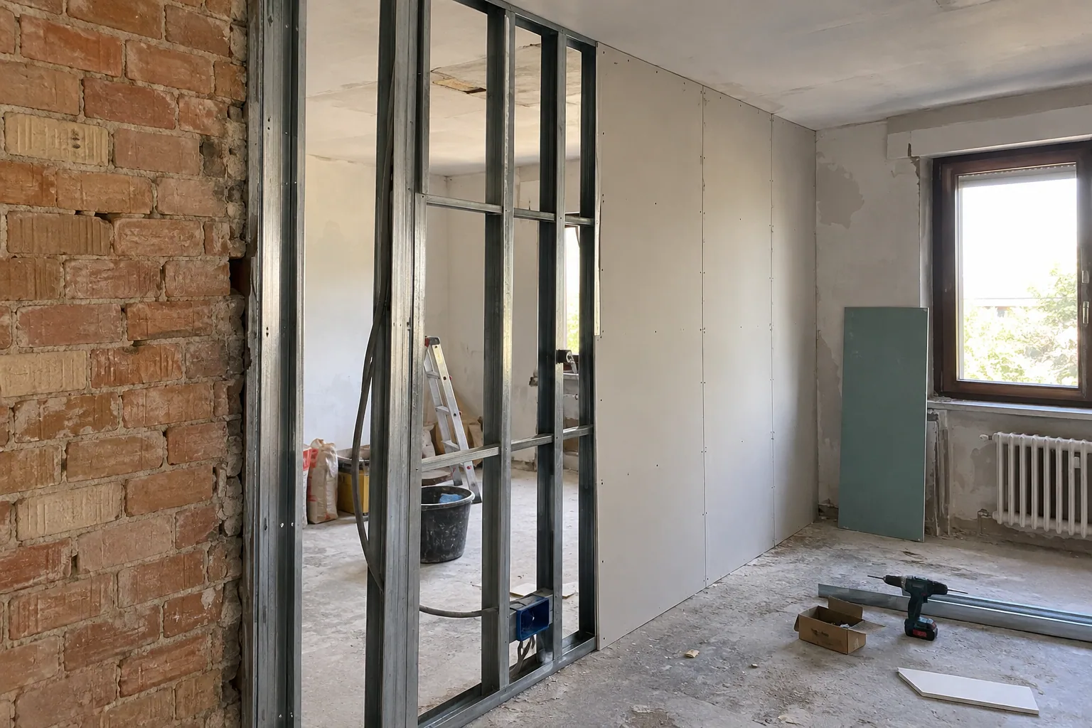 Parete interna in costruzione con materiali di muratura e cartongesso