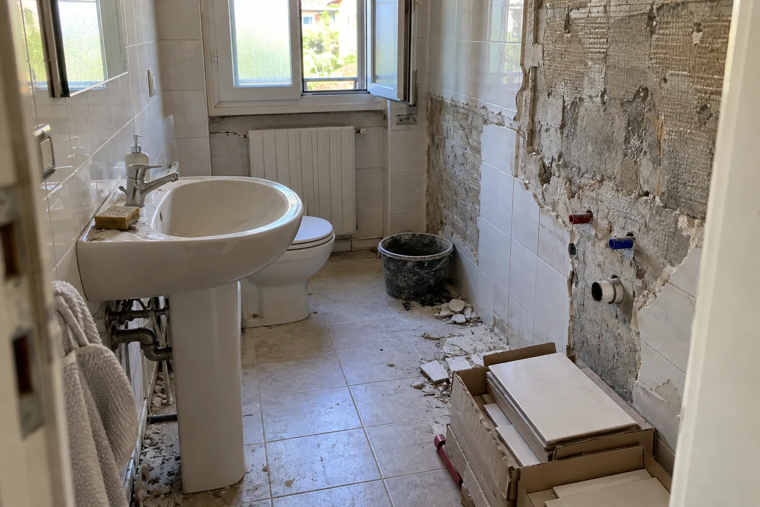 Bagno domestico durante la sostituzione di rivestimenti e impianti