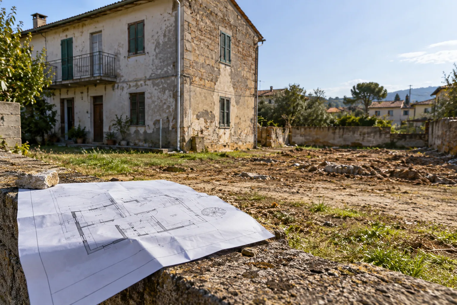Casa esistente e terreno con planimetria per confrontare le opzioni