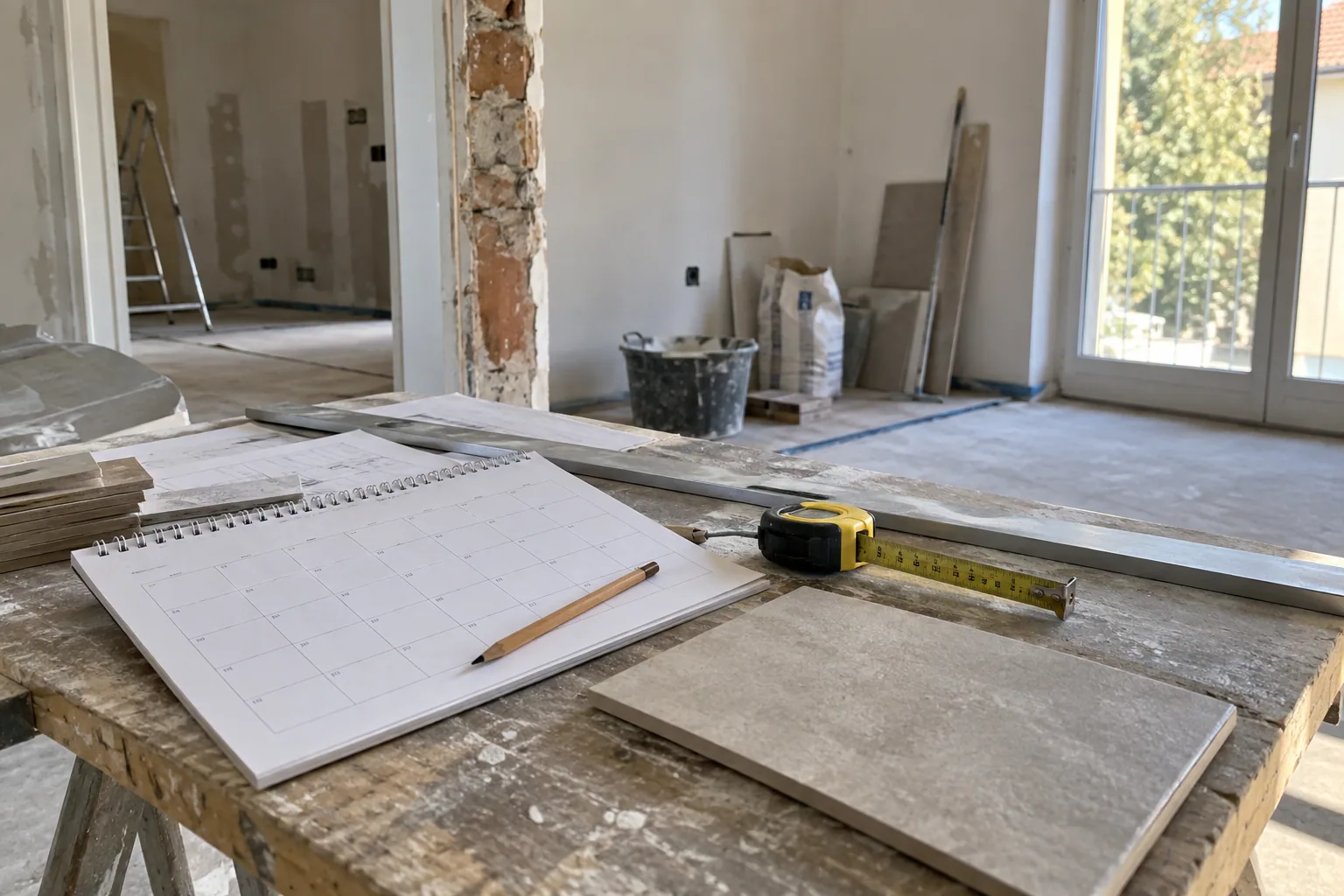 Calendario e materiali di lavoro in un ambiente in ristrutturazione
