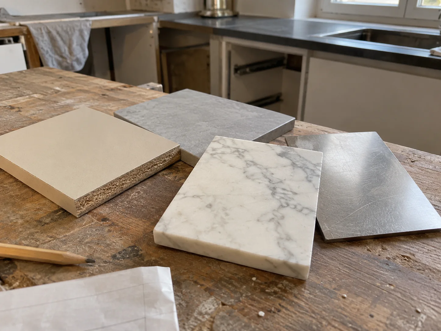Campioni di laminato, superficie ceramica, pietra e acciaio confrontati sul banco