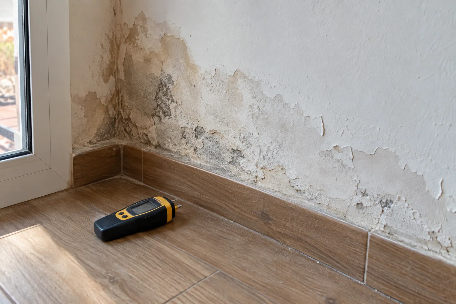 Macchie di umidità e intonaco deteriorato su una parete